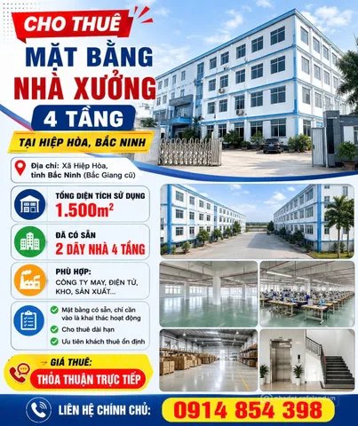 Cho thuê nhà kho - Xưởng: CHO THUÊ MẶT BẰNG - NHÀ XƯỞNG 4 TẦNG TẠI HIỆP HÒA, BẮC