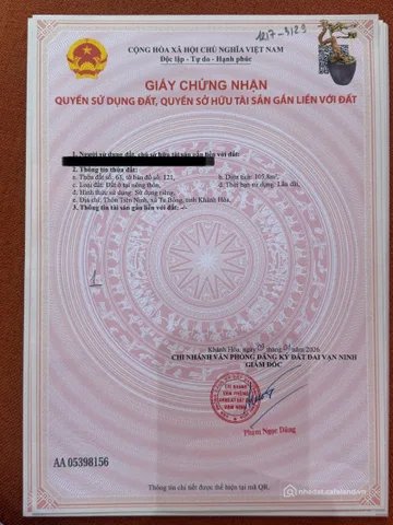 Bán đất thổ cư:  BÁN ĐẤT THỔ CƯ THÔN TIÊN NINH 105,8m² – XÃ TU BÔNG, KHÁNH HÒA 