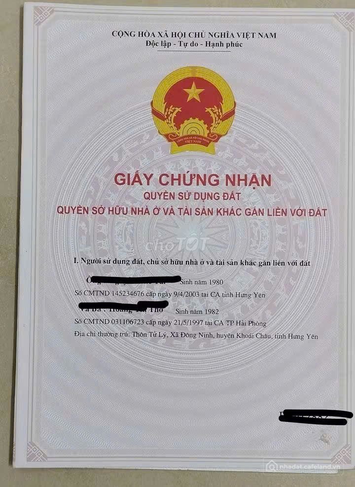 Bán đất thổ cư: LÔ ĐẤT FULL THỔ CƯ THÔN TỬ LÝ- ĐÔNG NINH- KHOÁI CHÂU - HƯNG YÊN(