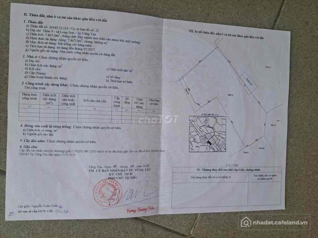 Bán đất nông, lâm nghiệp: cần bán đất.thôn 9 xã Long Sơn bờ rịa Vũng tàu