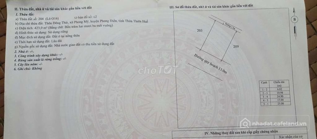 Bán đất thổ cư: ĐẤT NÊN 423M2, GIÁ TỐT TẠI PHONG ĐIỀN
