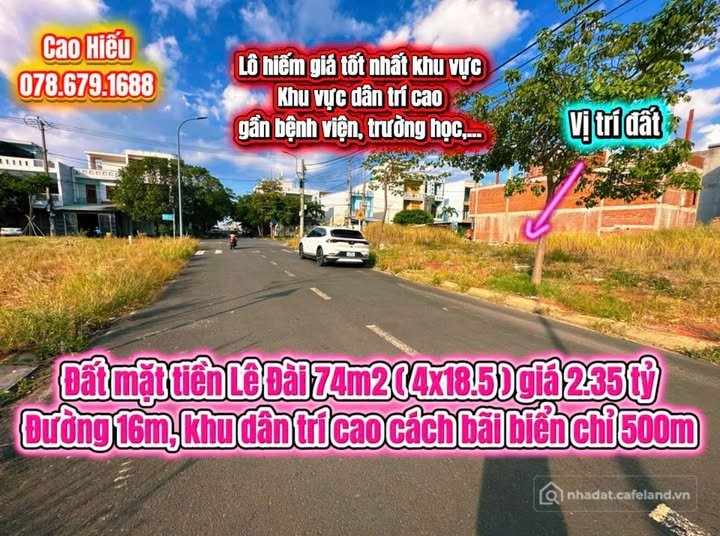 Bán đất thổ cư: Đất mặt tiền đường Lê Đài, Phú Yên, diện tích 74m2, giá 2.35 tỷ