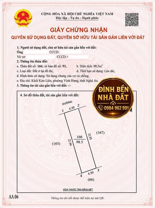 Bán đất thổ cư: Bán đất thổ cư 98,5m2 đối diện Bệnh viện Ung bướu Nghệ An