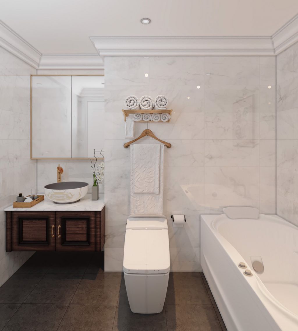 Phòng tắm căn hộ tiện nghi với nền gạch xám đậm tạo cảm giác sạch sẽ.