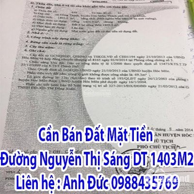 Cần Bán Đất Mặt Tiền Đường Nguyễn Thị Sáng, DT 1403M2.