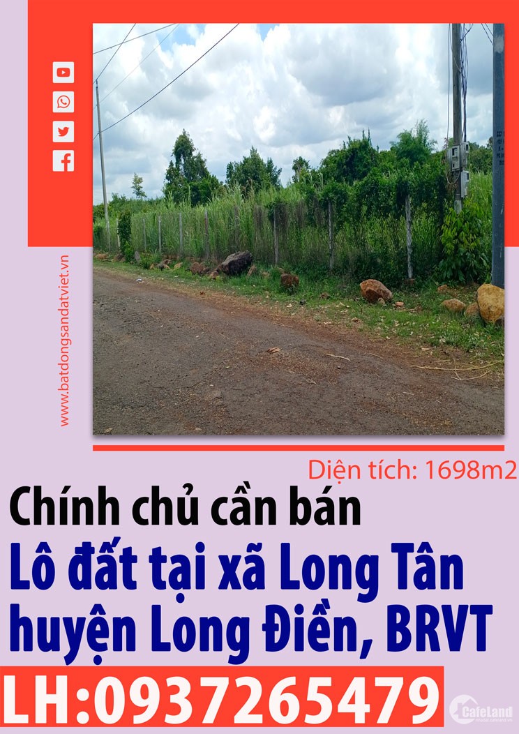 Cần bán lô đất 1698 m2, xã Long Tân, huyện Long Điền, tỉnh Bà Rịa Vũng Tàu