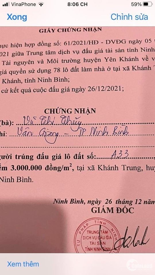 Cần bán lô đất mới đấu giá Khánh Trung Yên Khánh