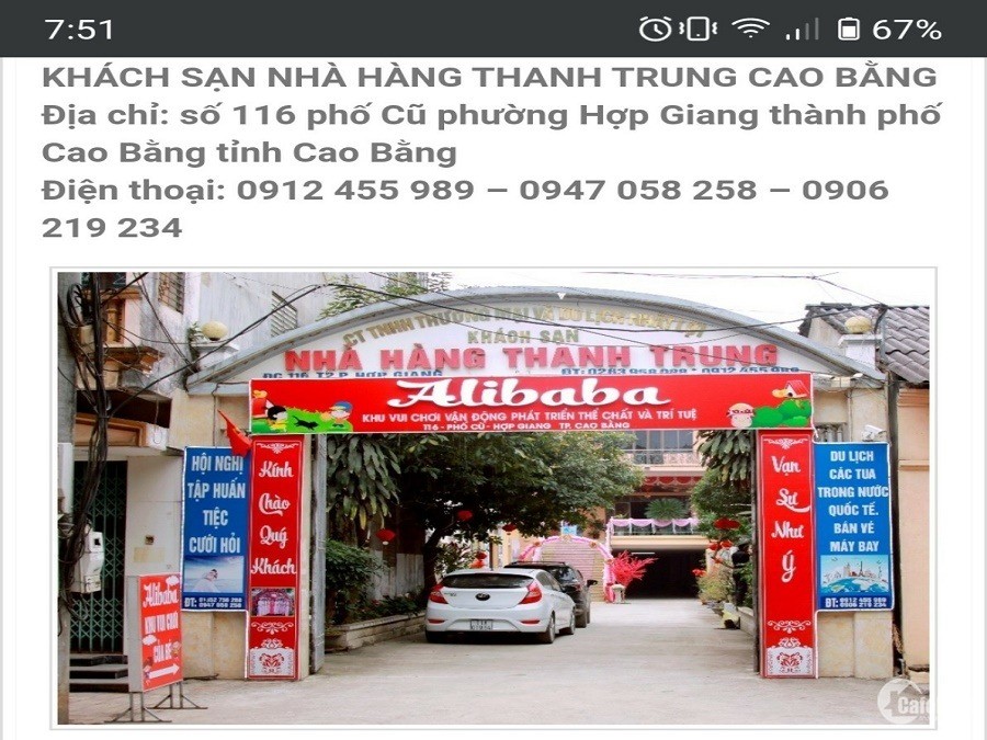 Bán khách sạn phường Hợp Giang, TP Cao Bằng, tỉnh Cao Bằng.