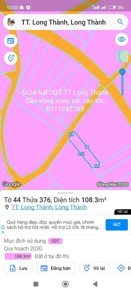 Đất TT Long Thành sát QL51 vòng xoay Cao tốc 5x24 full ODT