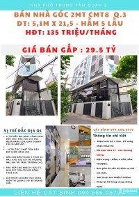 29.5 tỷ, Bán nhà góc 2 MT CMT8 Q.3, 5,2m x 21 - hầm, 5 lầu, HĐ thuê 135 tr/tháng