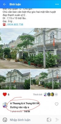 Căn Biệt Thự góc 2 mặt tiền đường Tx40, phường Thạnh Xuân, Q12, TP HCM