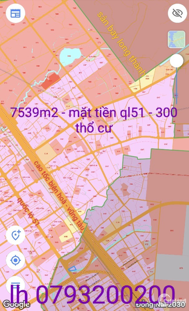 7539m mặt tiền ql51, gần sân bay long thành.