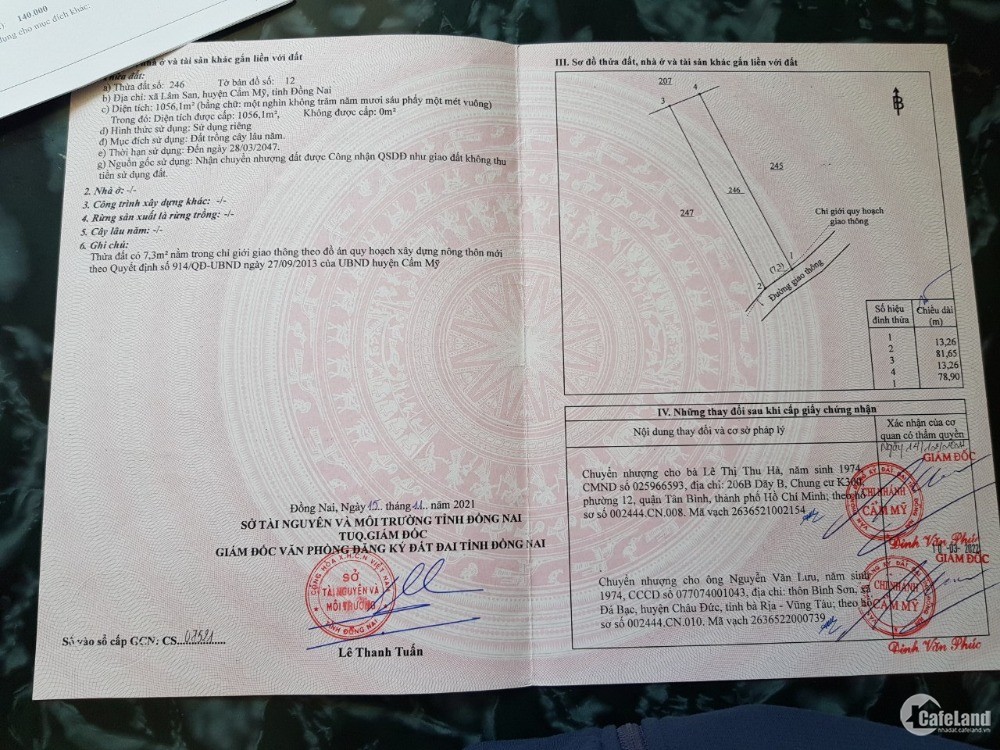 Cần ra gấp lô 1056m²,  mặt tiền 13m, full hồng. Lâm San-Cẩm Mỹ. Đồng Nai