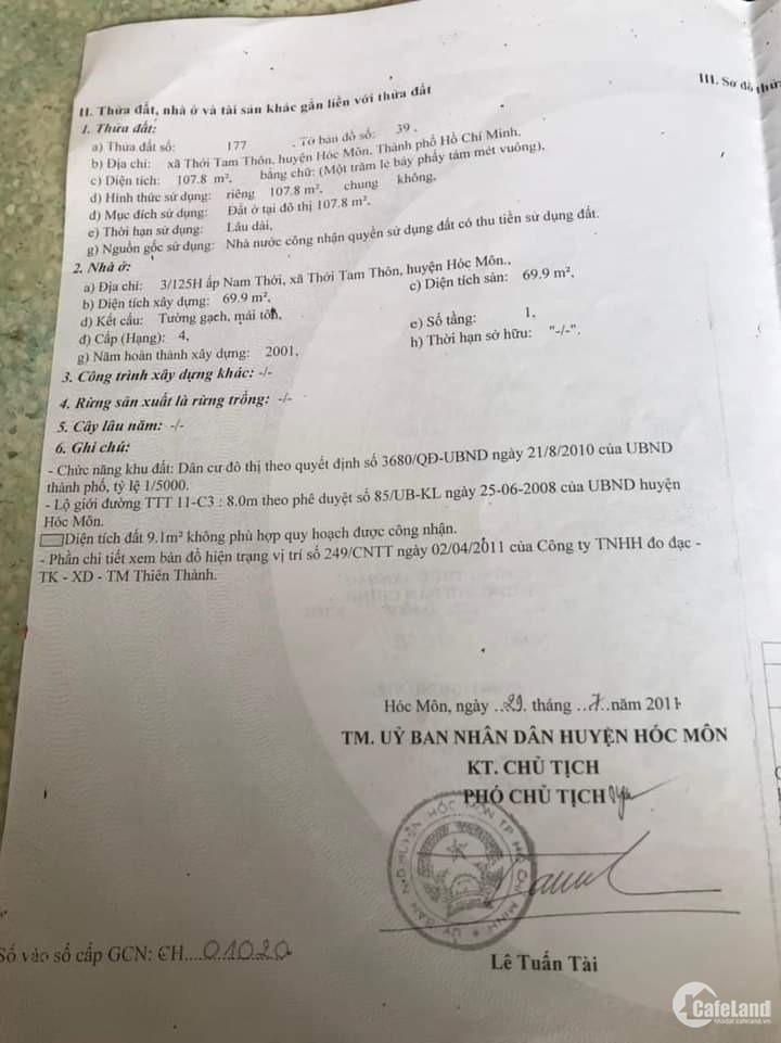 BÁN GẤP 1/ TRẦN THỊ BỐC ,ẤP NAM THỚI ,XÃ THỚI TAM THÔN , HÓC MÔN