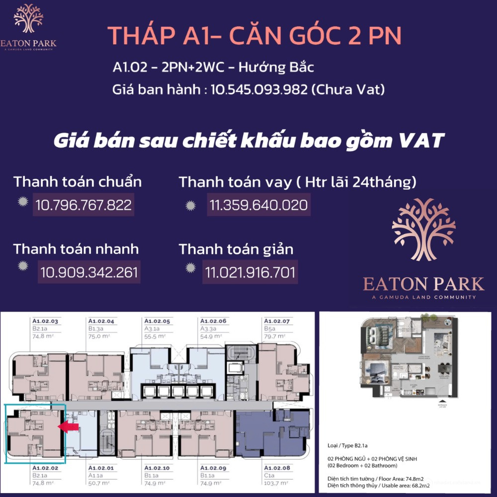 Eaton Park - Căn góc tháp A1- Giá trực tiếp chủ đầu tư  - Thanh toán 5% ký HĐ.