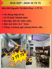 Bán nhà HXH Nguyễn Thị Minh Khai Tân Đông Hiệp Dĩ An 93m2 ngang 4.5m chỉ 3 tỷ 75