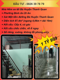 Bán nhà Hẻm xe tải Bà Huyện Thanh Quan Bình An Dĩ An, 87m2 ngang 4.1m, 1 tỷ 999