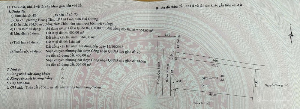 Cần bán 964m2 đất tại kdc Tân Tiến, P. Hoàng Tiến, TP. Chí Linh, Hải Dương.