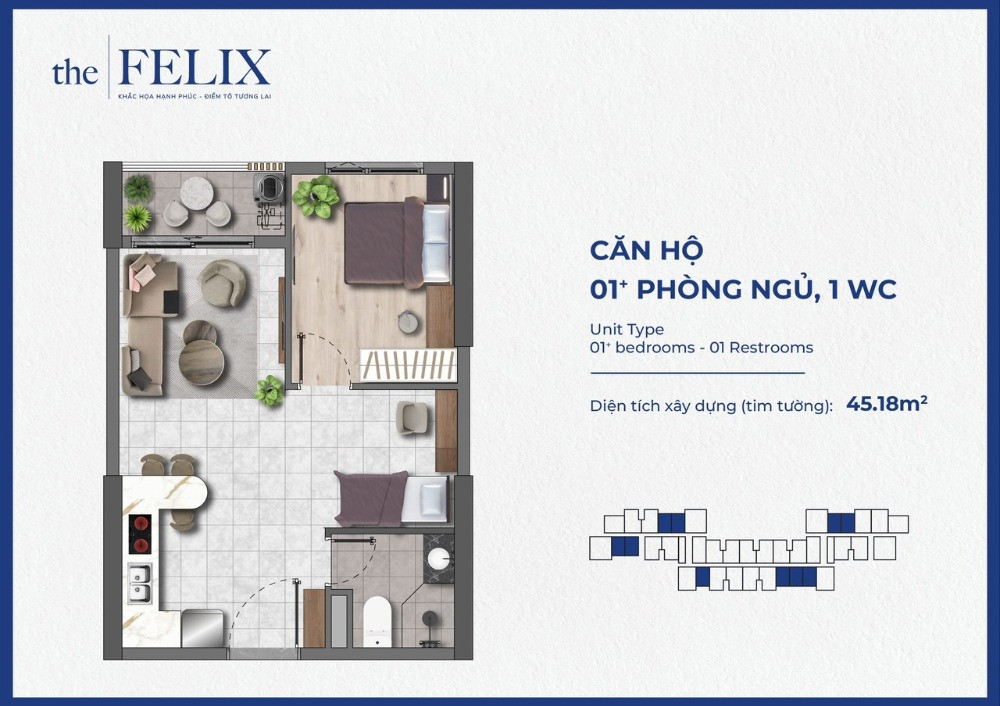 Căn hộ The Felix, 45m2, 1 PN + 1, thanh toán 8.5 triệu/ tháng không vay ngânhàng