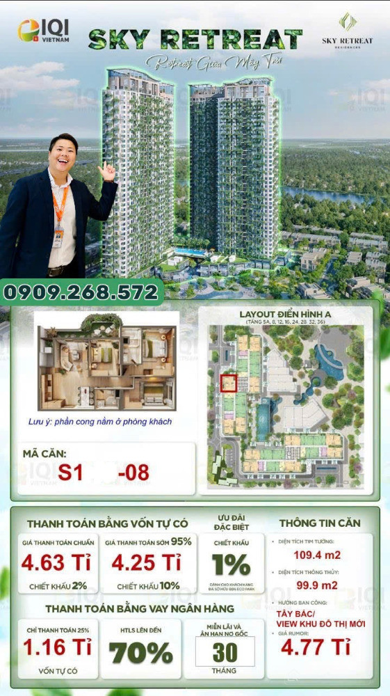 Căn Hộ Sky Retreat 3PN 110m2 view sông tầng đẹp giá rẻ mua giá gốc CĐT