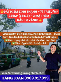 77tr/m2 - Lô đất hiếm 245m² Điện Biên Phủ 3 mặt hẻm – xây CHDV siêu lợi nhuận
