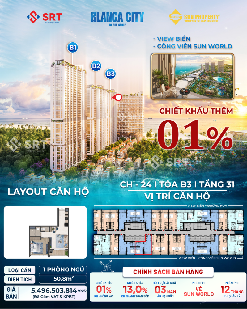 Sở hữu ngay căn hộ 1PN Blanca City – Lãi suất 0% tới 36 tháng, vay 70% GTCH