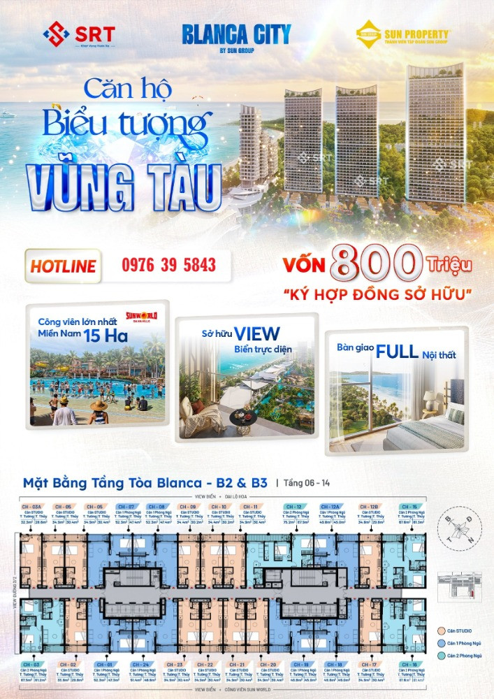 CĂN HỘ GÓC 2PN BLANCA CITY DUY NHẤT 1 CĂN – VIEW TRỰC DIỆN CVN SUN WORLD