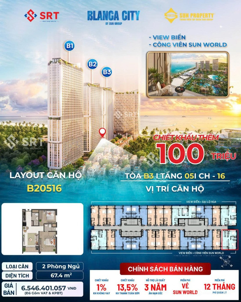 Duy nhất còn 1 căn góc 2PN Blanca City – View trực diện Công viên nước Sun World