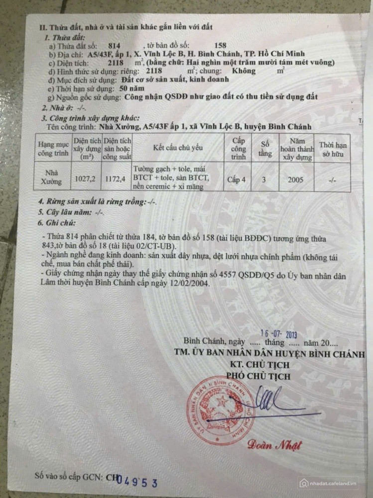 Bán nhà xưởng (Vĩnh Lộc B, Bình Chánh) 2.118M2 - chính chủ