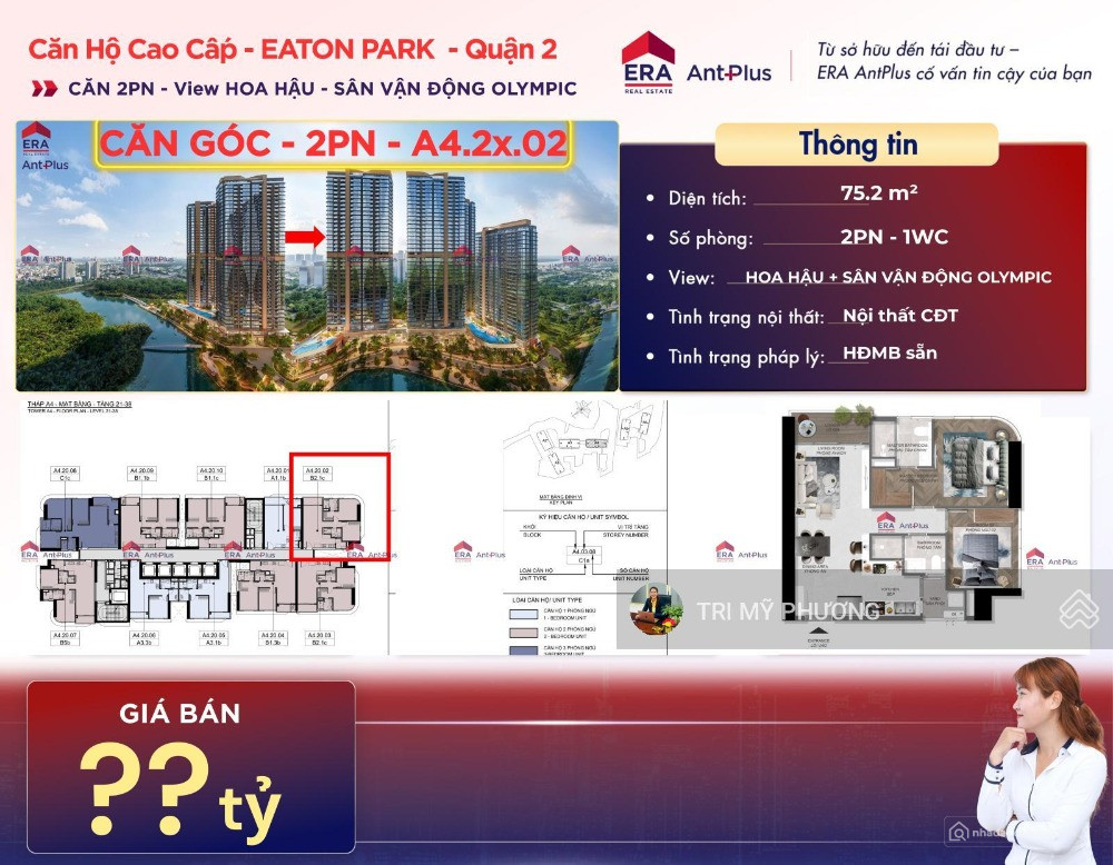 Eaton Park - Căn Góc - 2PN - Tháp A4 - hướng Đông Nam - view sông Rạch Chiếc