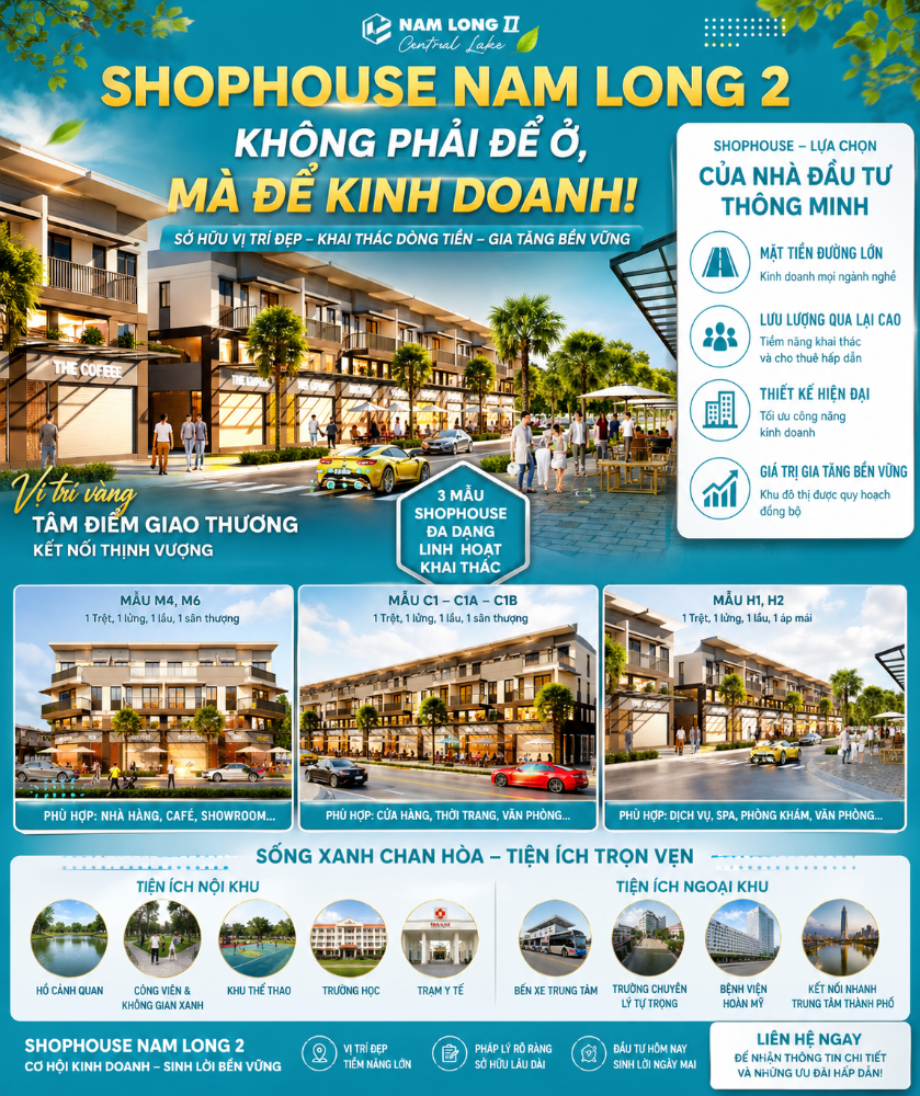 Shophouse Nam Long II Central lake chỉ 50 triệu tạo dòng tiền 240 triệu