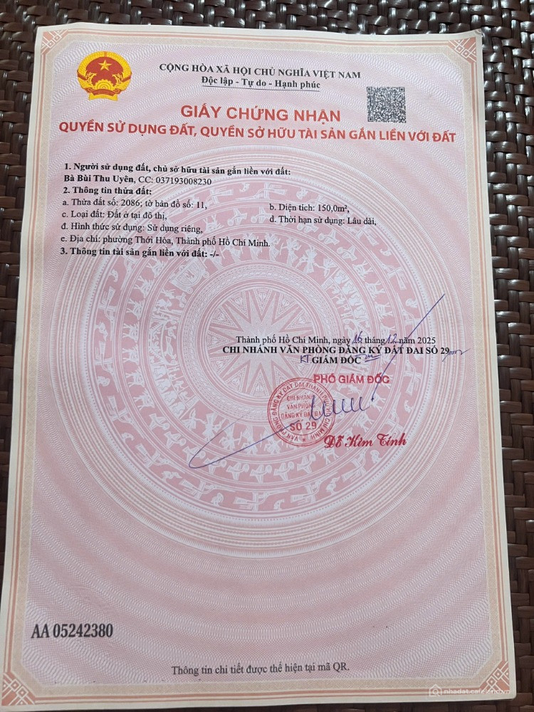 CHÍNH CHỦ CẦN BÁN ĐẤT THỔ CƯ - PHƯỜNG THỚI HÒA, TP. HỒ CHÍ MINH
