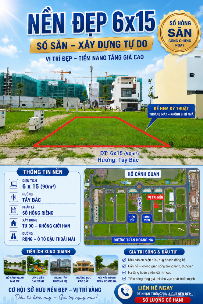 Nền đẹp 6x15, sổ sẵn, gần hồ cảnh quan