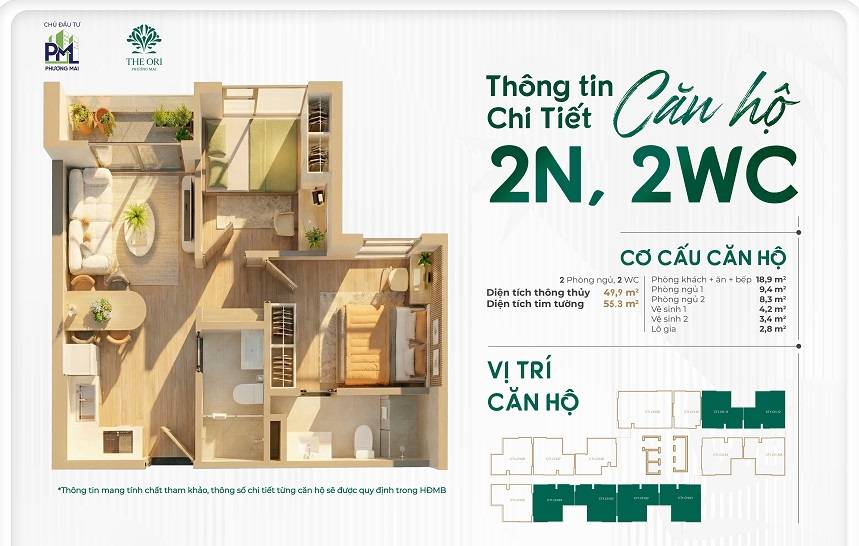 Căn hộ 2PN, 2WC tại The Ori Phương Mai, 20 triệu VND/m2, 55m2, hàng hiếm đẹp, nhiều tiện ích