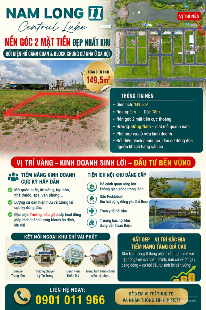 Nền góc 2 mặt tiền vị trí vàng Nam Long II Central lake