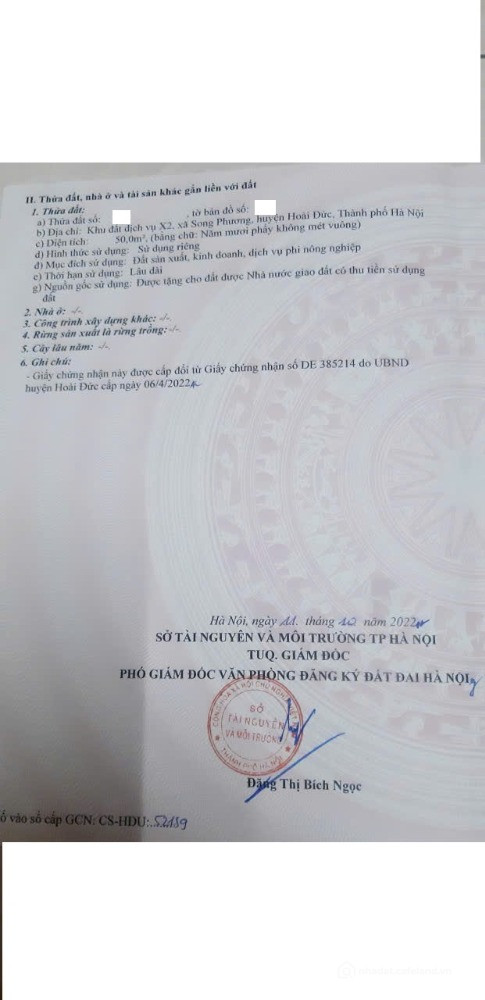 Chính chủ bán mảnh đất dịch vụ khu X2, xã Song Phương, huyện Hoài Đức, TP.Hà Nội