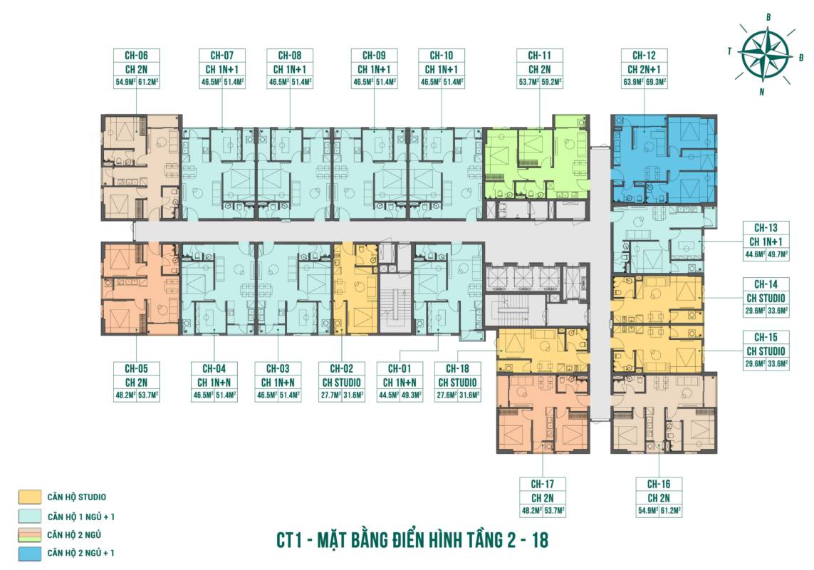 Căn 2PN 46.5m2 Vega Homes hướng Đông Nam, giá 1.8 tỷ, view nội khu
